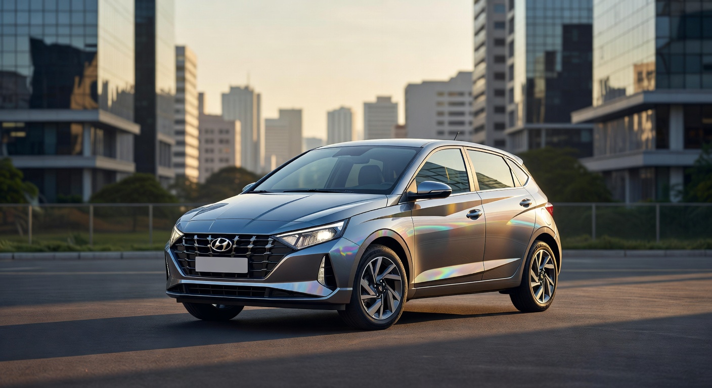 Hyundai i20 2027 em cenário urbano brasileiro, vista frontal três quartos em fotografia automotiva profissional