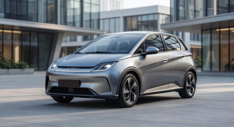 BYD Dolphin SE 2026 em ambiente urbano moderno, destacando design frontal e lateral do veículo elétrico compacto