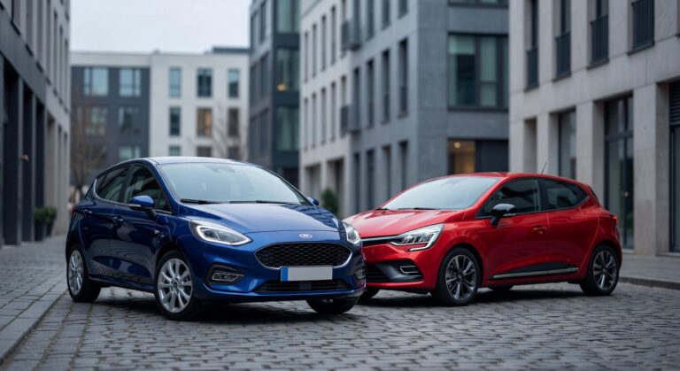 Ford Fiesta and Renault Clio compact cars side by side on European street representing partnership collaboration