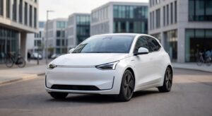 Carro elétrico compacto moderno da Stellantis estacionado em ambiente urbano, representando a nova aposta da montadora no segmento popular de veículos elétricos