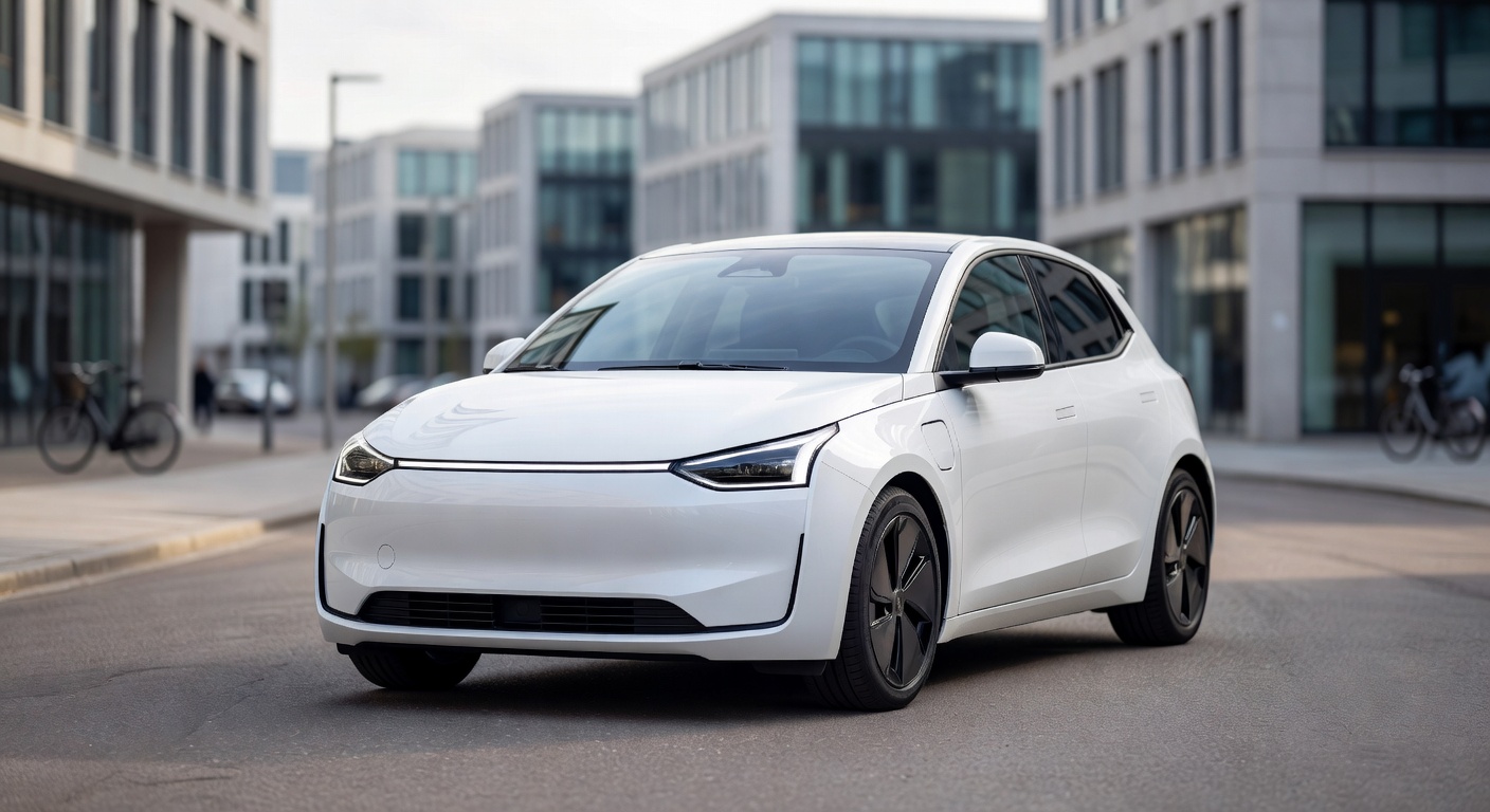 Carro elétrico compacto moderno da Stellantis estacionado em ambiente urbano, representando a nova aposta da montadora no segmento popular de veículos elétricos
