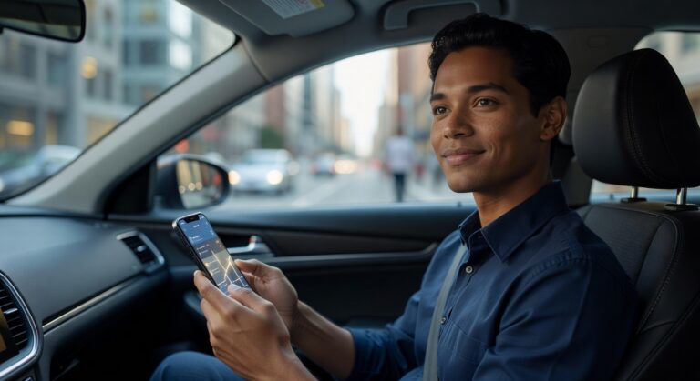 Motorista de aplicativo segurando smartphone dentro de carro moderno, representando acesso a crédito para profissionais de transporte por aplicativo