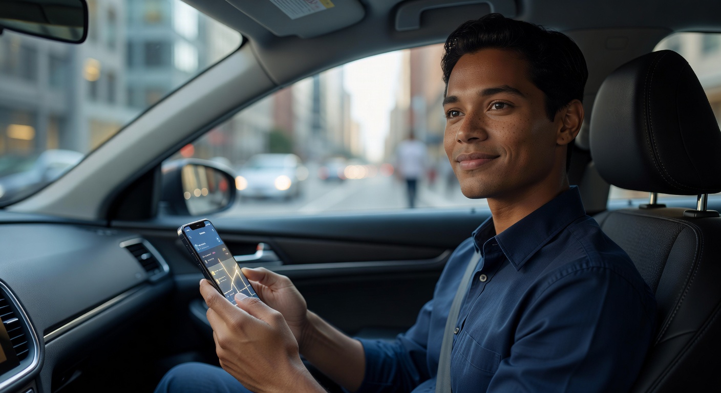 Motorista de aplicativo segurando smartphone dentro de carro moderno, representando acesso a crédito para profissionais de transporte por aplicativo
