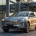 Geely electric pickup truck at modern manufacturing facility showcasing automotive innovation