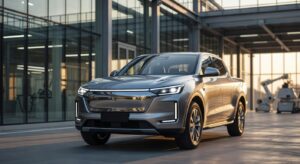Geely electric pickup truck at modern manufacturing facility showcasing automotive innovation