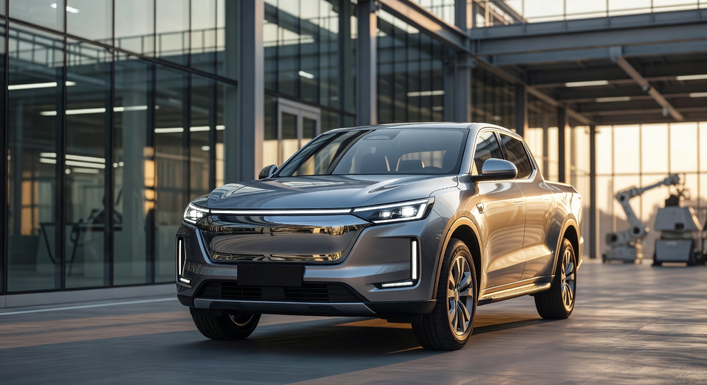 Geely electric pickup truck at modern manufacturing facility showcasing automotive innovation