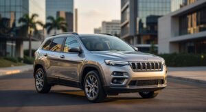 Novo Jeep Cherokee híbrido em ambiente urbano brasileiro, vista frontal em três quartos