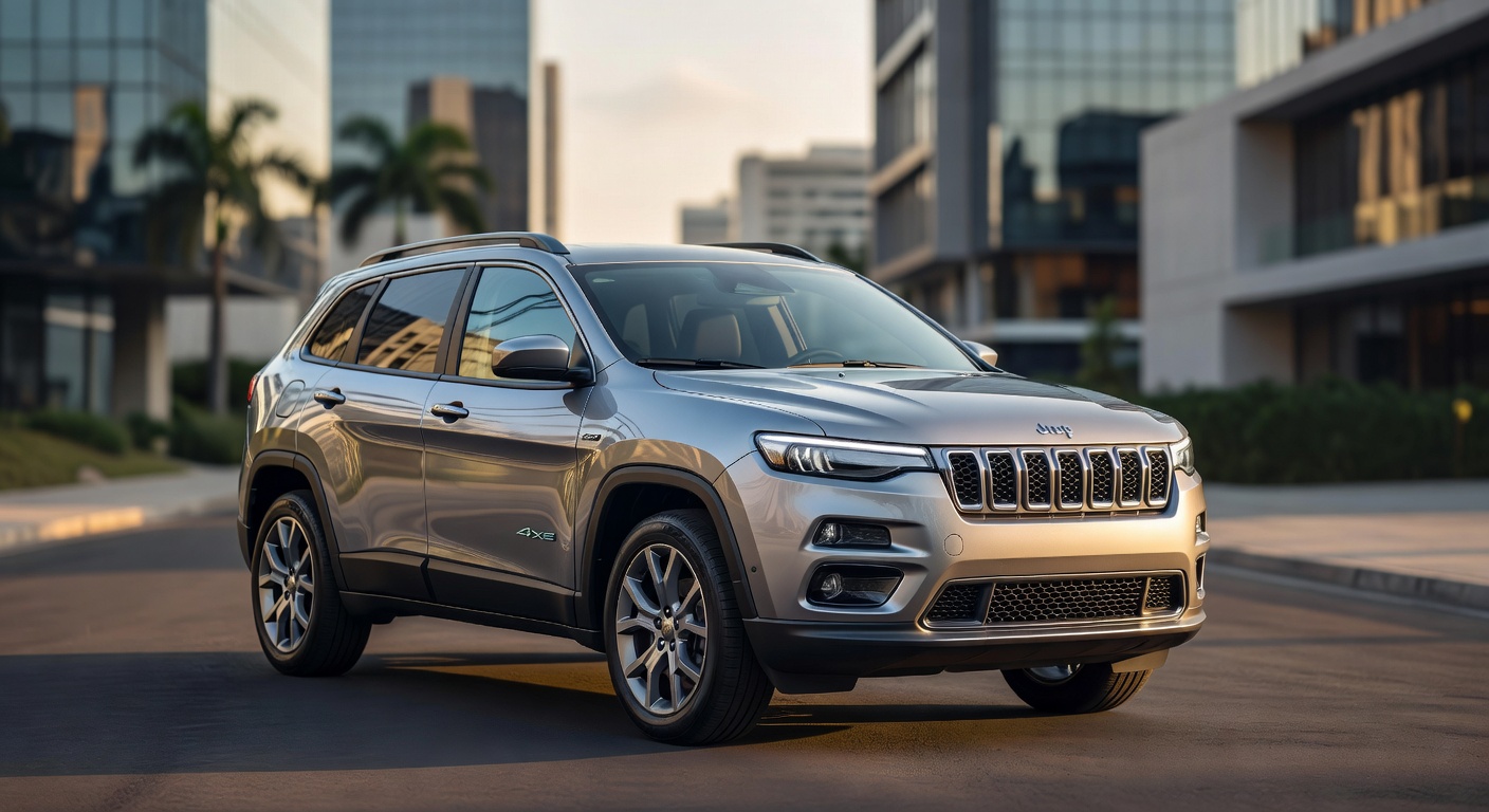 Novo Jeep Cherokee híbrido em ambiente urbano brasileiro, vista frontal em três quartos