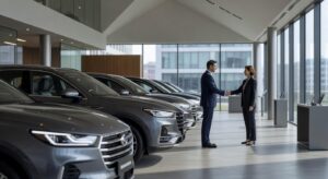 Modern Chinese vehicles on display in European automotive showroom representing Stellantis and Dongfeng partnership