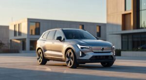 Volvo EX60 electric SUV in modern urban setting showcasing its premium Scandinavian design and distinctive front styling