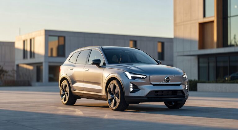 Volvo EX60 electric SUV in modern urban setting showcasing its premium Scandinavian design and distinctive front styling