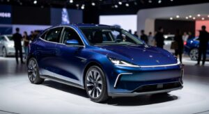 BAIC electric compact car on display at auto show, competing in the same segment as BYD Dolphin and Geely EX2