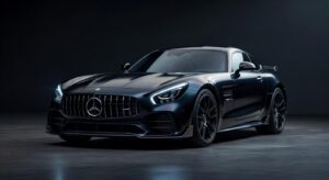 Mercedes-AMG GT electric sports car in dramatic studio lighting showcasing its bold and controversial design with aggressive styling