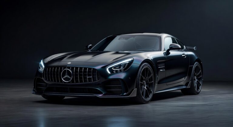 Mercedes-AMG GT electric sports car in dramatic studio lighting showcasing its bold and controversial design with aggressive styling