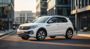 Volkswagen T-Cross special edition SUV showcased in urban setting with soccer-themed design elements
