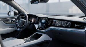 Interior moderno de veículo elétrico Volvo mostrando painel digital com interface de inteligência artificial integrada