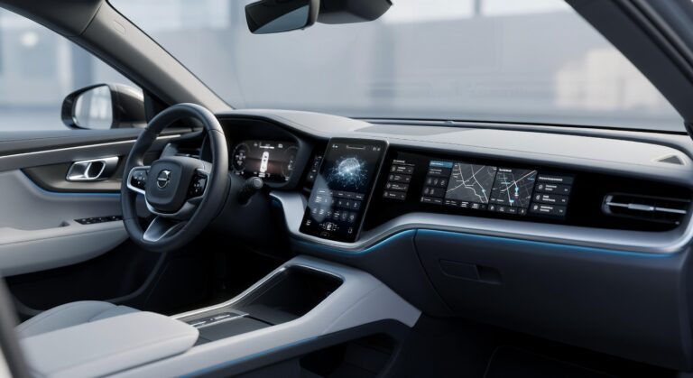 Interior moderno de veículo elétrico Volvo mostrando painel digital com interface de inteligência artificial integrada