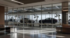 Modern automotive manufacturing facility boardroom representing Stellantis and Jaguar Land Rover partnership discussion