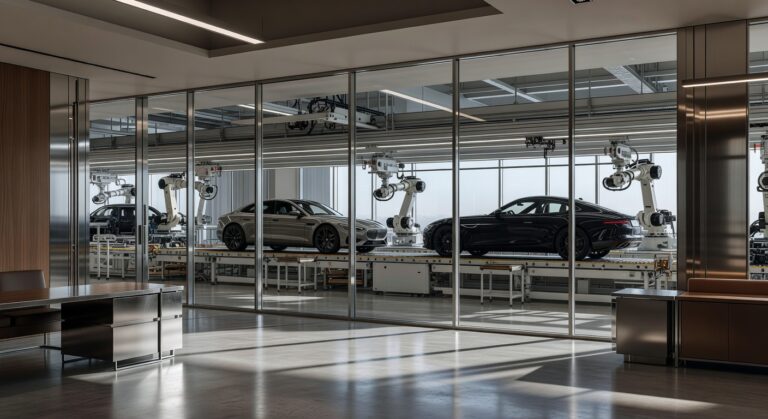 Modern automotive manufacturing facility boardroom representing Stellantis and Jaguar Land Rover partnership discussion