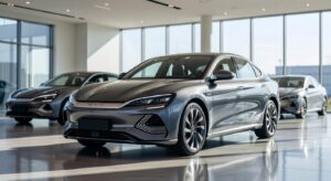 BYD King sedan em destaque em showroom moderno com carros concorrentes ao fundo, representando comparativo de mercado automotivo