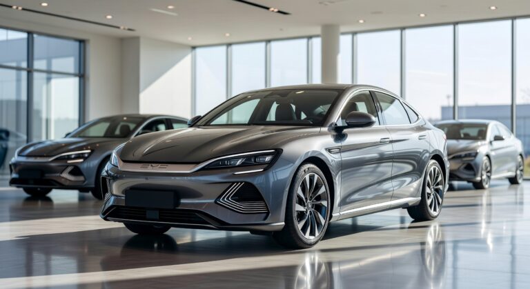 BYD King sedan em destaque em showroom moderno com carros concorrentes ao fundo, representando comparativo de mercado automotivo
