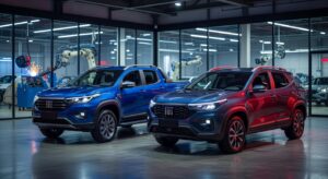 Fiat vehicle lineup featuring modern pickup trucks and SUVs in professional showroom setting