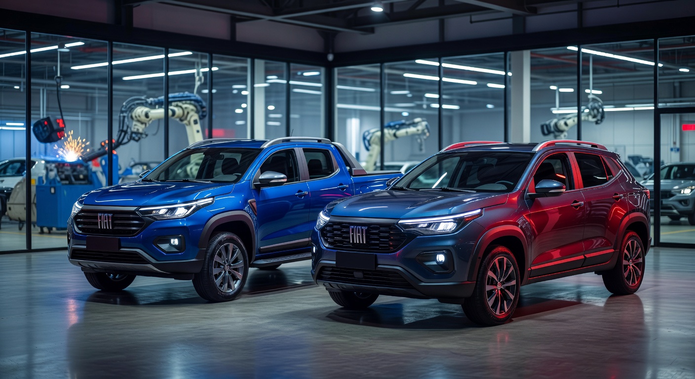 Fiat vehicle lineup featuring modern pickup trucks and SUVs in professional showroom setting