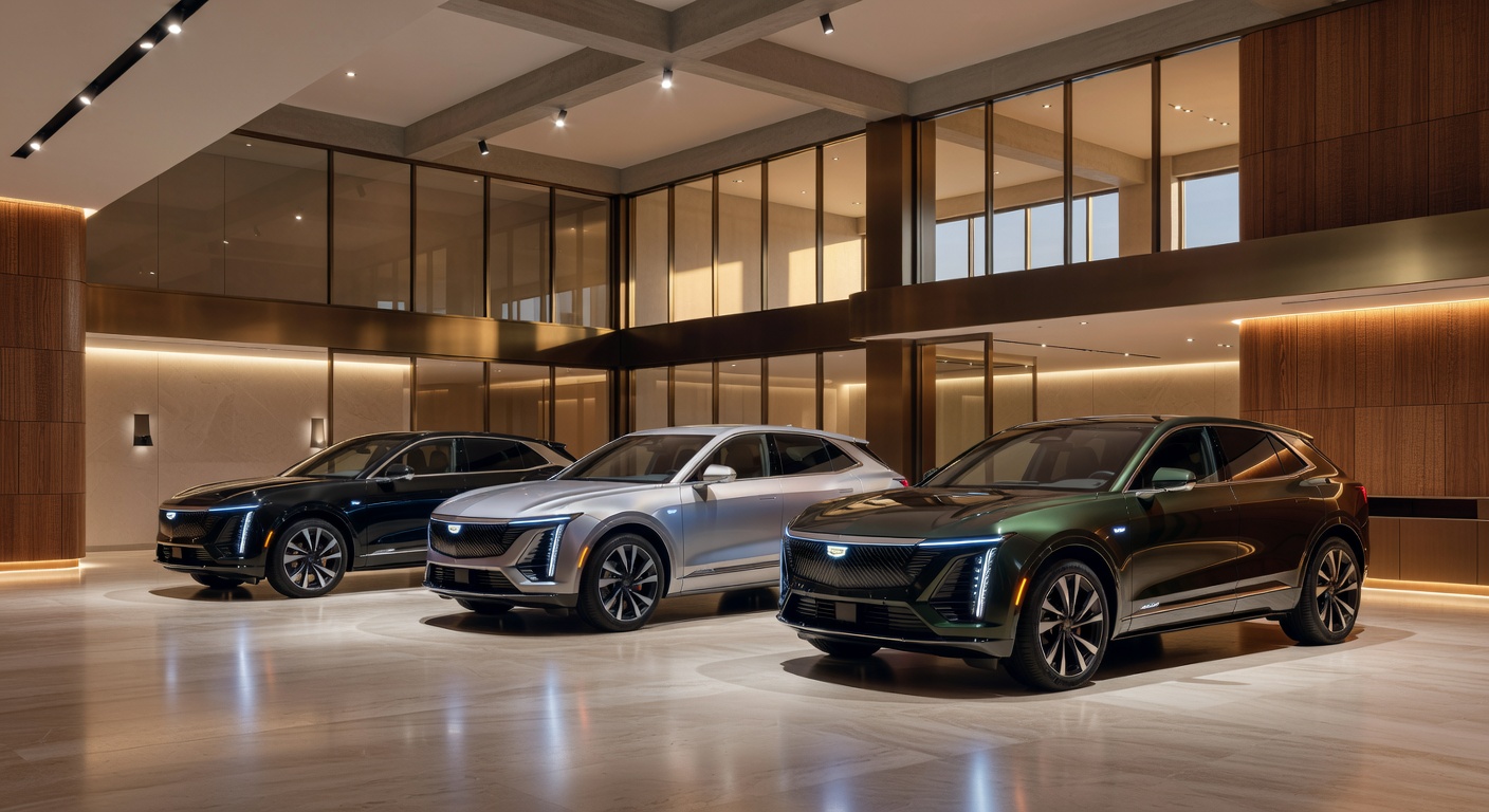 Três SUVs elétricos luxuosos da Cadillac em showroom moderno representando a estreia da marca no Brasil