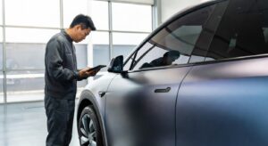BYD Dolphin electric vehicle undergoing inspection and update at modern service center
