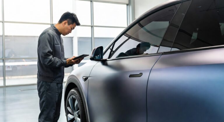 BYD Dolphin electric vehicle undergoing inspection and update at modern service center