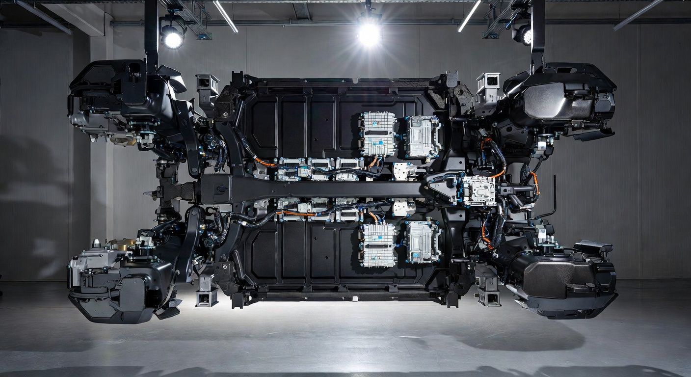Stellantis STLA One modular vehicle platform showcasing advanced digital steering technology and flexible electric architecture