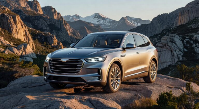 BYD Ti7 2027 luxury SUV positioned on rugged mountain terrain showcasing its bold design and 7-seater capability