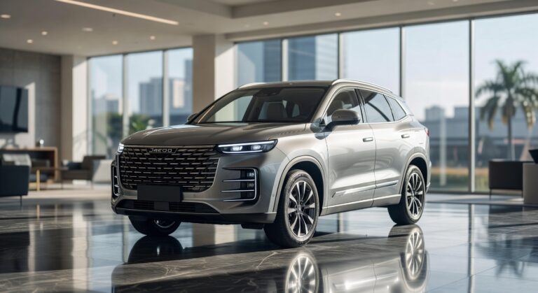 Jaecoo 5 2027 SUV em showroom premium no Brasil, vista frontal em ângulo três quartos