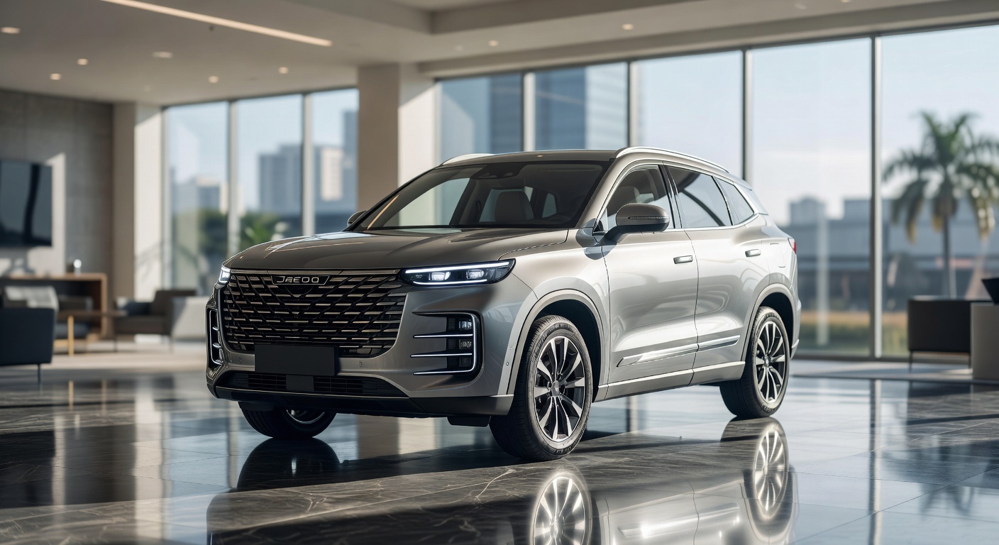 Jaecoo 5 2027 SUV em showroom premium no Brasil, vista frontal em ângulo três quartos