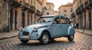 Modern electric hatchback concept inspired by classic Citroën 2CV design parked on European city street