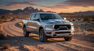 Ram Rampage compact pickup truck showcased in outdoor desert setting, positioned as competitor to Ford Maverick in US market
