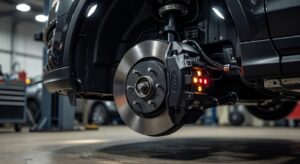 Close-up editorial photograph of Ford vehicle brake system showing brake disc and caliper components in professional automotive workshop setting
