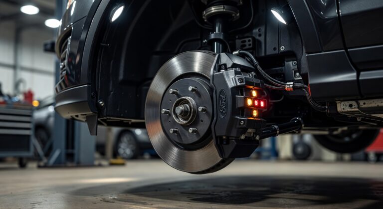 Close-up editorial photograph of Ford vehicle brake system showing brake disc and caliper components in professional automotive workshop setting