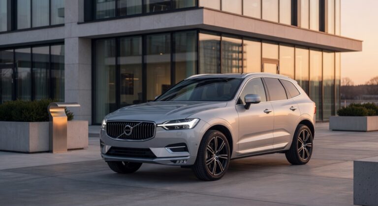 Volvo XC60 luxury SUV in modern urban setting showcasing sleek Scandinavian design and premium features