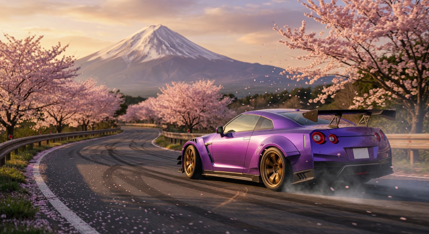Carro esportivo fazendo drift em estrada montanhosa japonesa com Monte Fuji ao fundo e cerejeiras floridas