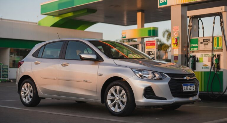 Chevrolet Onix compact car at ethanol fuel station showcasing eco-friendly technology