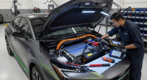Mechanic inspecting hybrid car engine and battery system in professional automotive workshop