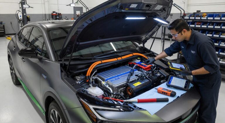 Mechanic inspecting hybrid car engine and battery system in professional automotive workshop