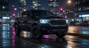 Ram Dakota Laramie Night Edition pickup truck in black finish photographed at night with dramatic urban lighting