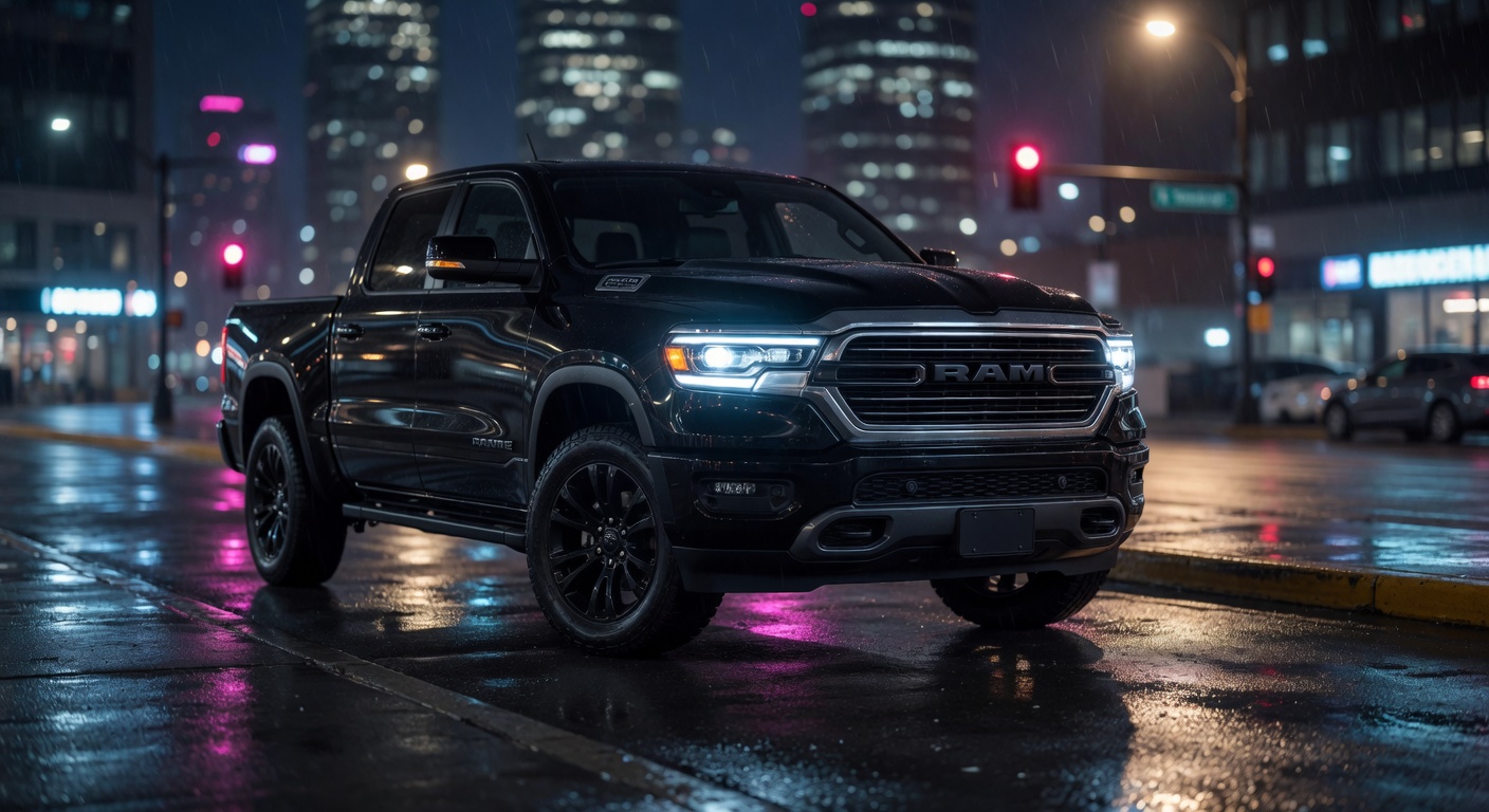 Ram Dakota Laramie Night Edition pickup truck in black finish photographed at night with dramatic urban lighting