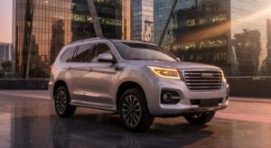 GWM Haval H9 2027 luxury SUV in silver, front three-quarter view in urban setting