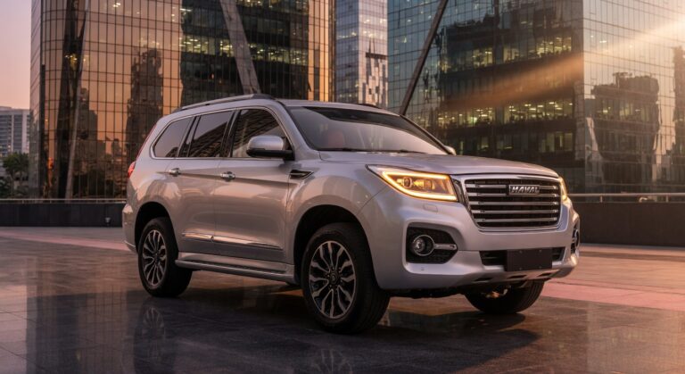 GWM Haval H9 2027 luxury SUV in silver, front three-quarter view in urban setting