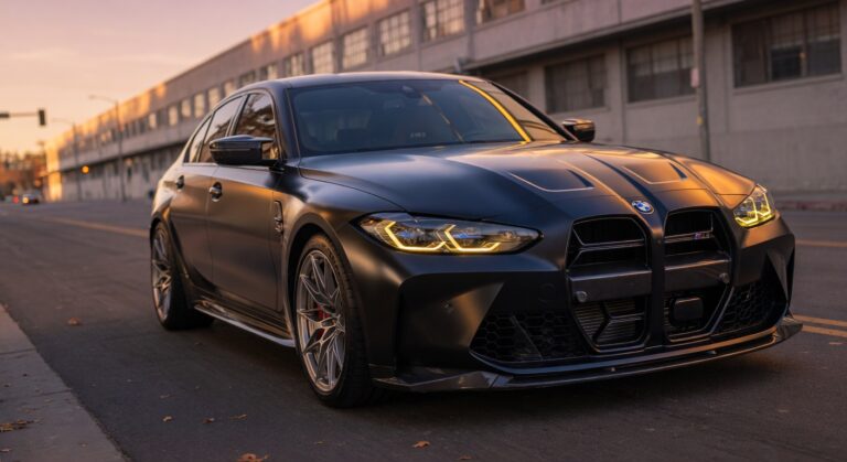 BMW M3 sports car in dramatic lighting showcasing its distinctive design and aggressive styling