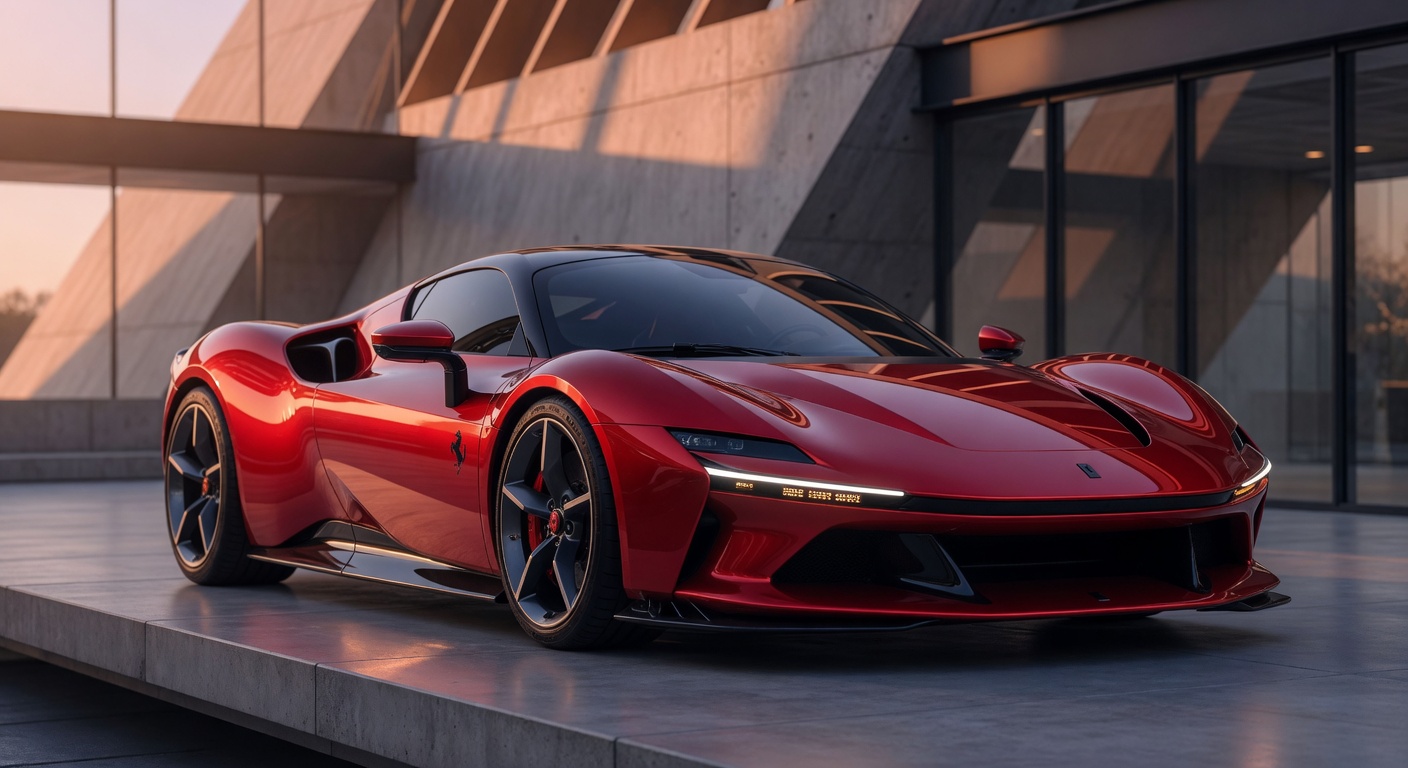 Ferrari Luce electric hypercar in red with modern minimalist design inspired by iPhone aesthetics, photographed in professional editorial style