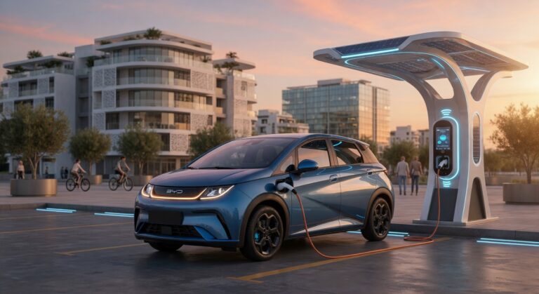 BYD Dolphin hybrid hatchback in metallic blue parked at modern charging station during golden hour